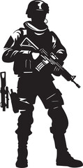 Vigilant Protector Vector Armyman Black Icon Combat Ready Guardian Armed Soldier Emblem in Black