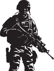 Combat Ready Guardian Armed Soldier Emblem in Black Tactical Defender Armyman Vector Logo Icon Design