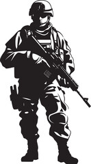Obraz premium Tactical Defender Armyman Vector Logo Icon Design Battle Ready Sentinel Black Logo of an Armed Warrior