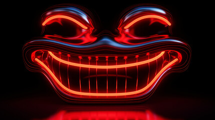 Menacing red neon smile emoticon on black background
