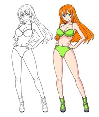 Illustration, sketch of a sexy girl in a swimsuit in a good mood in anime style. Linear art