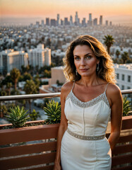 Fototapeta premium photo of beautiful woman standing at balcony with city building in background, generative AI
