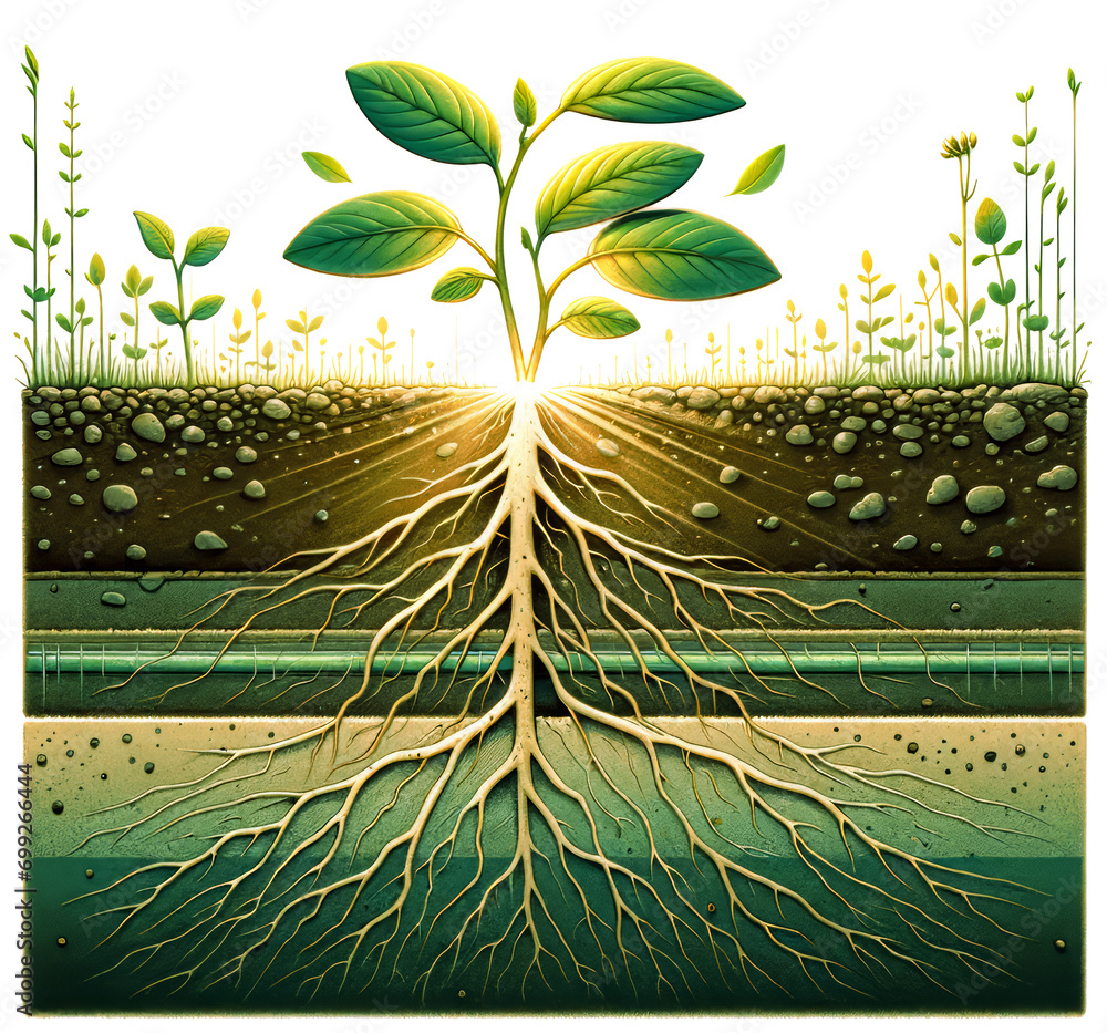 Aufkleber cross section view of a seedling and root system in soil