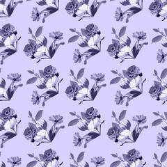 Floral seamless monochrome pattern on a light background with bouquets of different flowers. Vector illustration in lilac color.