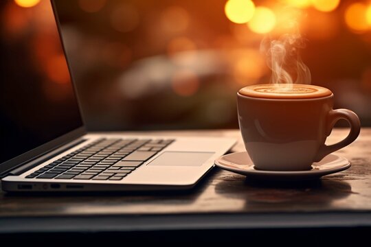 Close-up Of A Laptop Keyboard With A Coffee Mug