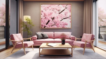 Fototapeta na wymiar A stylish home interior with a Cherry blossom painting and modern seating arrangement. The rooms cozy ambiance makes it great for real estate showcasing.