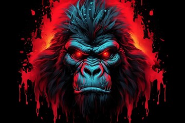 Gorilla head with red eyes multicolor drawing, t-shirt design vector illustration