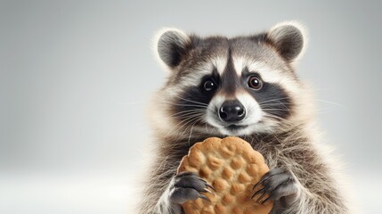 Raccoon Holding Cookie. On light background. With copy space. Cute animal. Suitable for comedic content or illustrating food attraction. Banner, poster, postcard, greeting