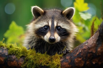 Fototapeta premium Cute Raccoon amidst a vibrant green forest, surrounded by leaves and moss. Animal in natural habitat. Ideal for wildlife and nature themes, educational content