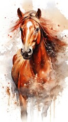 Red Horse. Illustration in watercolor style. Concept of freedom and beauty of wild animal. Perfect for equestrian enthusiasts, art collectors, wall art, web design, print on items. Vertical format