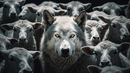 A wolf in a flock of sheep The wolf pretends to be a sheep. - obrazy, fototapety, plakaty