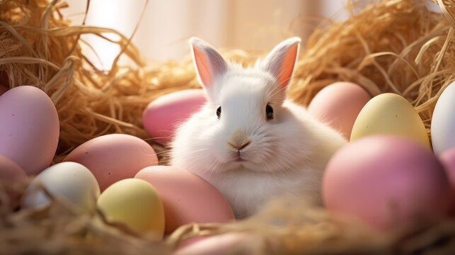 White bunny rabbit in a nest of straw among colorful painted Easter eggs. Concept of Easter Holliday