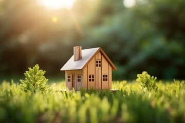  Wooden model of house on grass, summer outdoor, new home