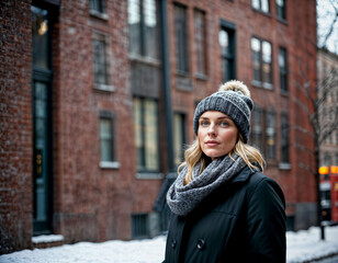 photo of beautiful woman with winter coat standing in front of building in winter season, generative AI