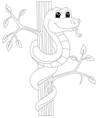 Cute cartoon snake outline illustration wrapped around tree branch for kids coloring design