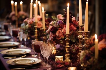 Vintage charm meets modern elegance in this candlelit dinner setting with a rich floral decoration and fine tableware