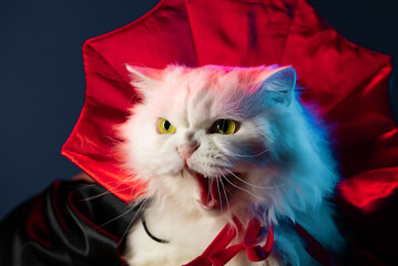 Dangerous white cat hissing. Kitty in Dracula vampire costume, halloween party.