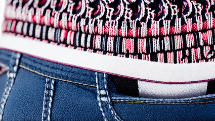 Detail of jeans with black and maroon sweater.