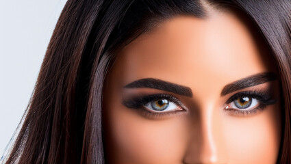 Beautiful model with straight brunette hair and green eyes.