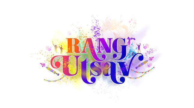 Indian Holi concept design. Indian hindu festival, Fun, dance, party celebration with color splash background. Traditional Rang utsav typo poster banner and card design.