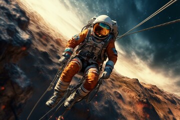 explorer on the sandy terrain, astronaut riding skateboard on Mars. Generative AI - obrazy, fototapety, plakaty