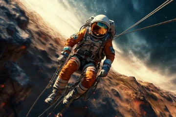 Poster explorer on the sandy terrain, astronaut riding skateboard on Mars. Generative AI © Aida