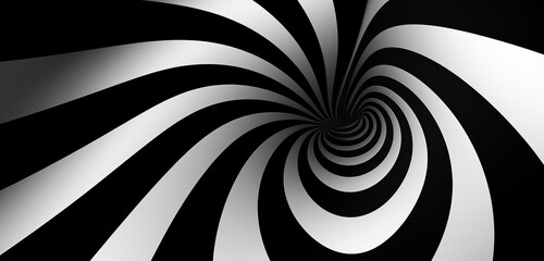 An abstract optical illusion featuring a hypnotic spiral tunnel with black and white lines, rendered in a glossy chrome finish that reflects surrounding colors, vector illustration. - obrazy, fototapety, plakaty