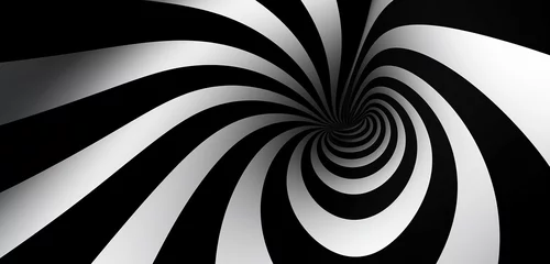 Foto op Canvas An abstract optical illusion featuring a hypnotic spiral tunnel with black and white lines, rendered in a glossy chrome finish that reflects surrounding colors, vector illustration. © sdk