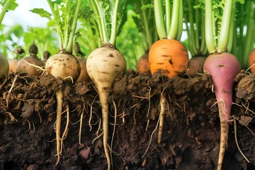 Gordijnen Assorted root vegetables in soil, organic farming © ChaoticDesignStudio