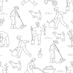 Cute black and white  seamless pattern Spring work in the garden.On the farm countryside ,background for coloring page.Family planting plants, working in the garde.Agriculture collection. Organic farm