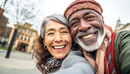 Senior couple taking selfie with smart mobile phone outside , Two aged tourists enjoying together summer vacation , Life style with mature female and male smiling at camera