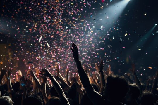 Nightclub party clubbers with hands in air and confetti