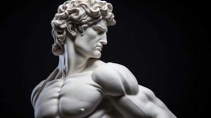 a depiction of a classic Renaissance marble statue that captures the intricate detail of a muscular male figure.