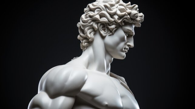a depiction of a classic Renaissance marble statue that captures the intricate detail of a muscular male figure.