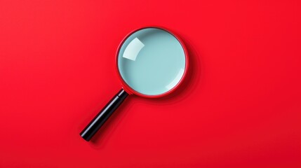 top view of a magnifying glass on a red background