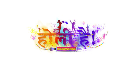 Holi indian hindu festival of color, fun, dance, and celebration background. Colorful color splash with Holi hai hindi text. Vector illustration.