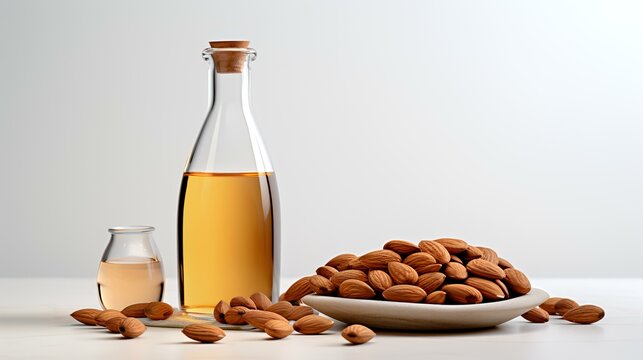 Almond oil in a glass bottle with almonds on a white background