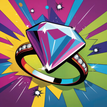 Colorful Pop Art Diamond Ring - Comic book styled image of a sparkling diamond ring with speech bubbles and sound effects Gen AI