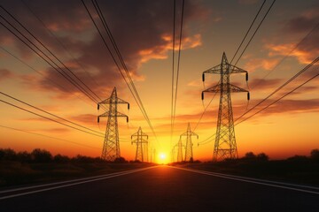 power lines silhouetted against a sunset