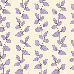 Vector seamless pattern twig with leaves. Line art elements purple and beige. Hand drawn illustration. Background for design packaging textile wallpaper fabric paper