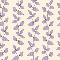 Vector seamless pattern twig with leaves. Line art elements purple and beige. Hand drawn illustration. Background for design packaging textile wallpaper fabric paper