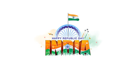 Republic day of new India poster with green city, skyline, futuristic technology and developmet.