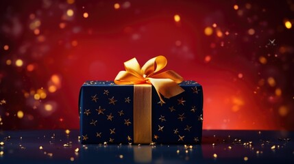 
red christmas gift box with gold ribbon, in front of blurred christmas background