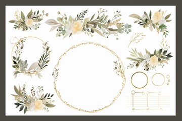Indulge in the exquisite beauty of this stunning assortment of luxury botanical gold wedding frame elements. Each circular design is meticulously crafted with delicate glitters, graceful leaf branches - obrazy, fototapety, plakaty