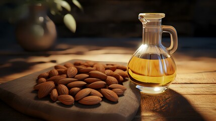almond oil in a glass bottle on a wooden table with almonds