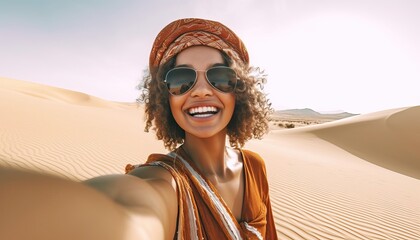 Happy female tourist taking selfie on sand dunes in the Africa desert, Sahara National Park , Influencer travel blogger enjoying trip while takes self portrait , Summer vacation and weekend activities - Powered by Adobe