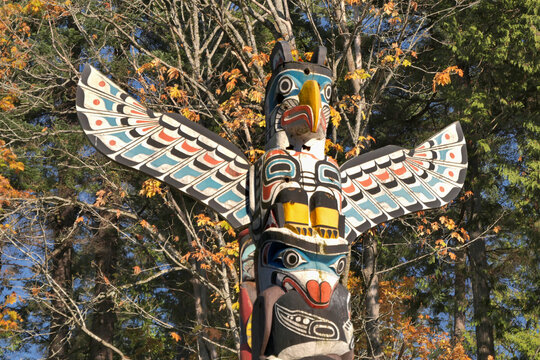 Kakaso'Las Totem Pole in Stanley Park during a fall season in Vancouver, British Columbia, Canada
