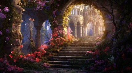 
A beautiful secret fairytale garden with flower arches and colorful greenery - obrazy, fototapety, plakaty