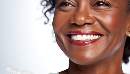 High key shot of bright white teeth of a dark-skinned woman with a radiant smile