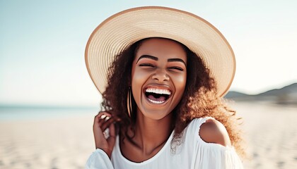 Young joyful woman in white shirt wearing hat smiling at camera on the beach , Traveler girl enjoying freedom outdoors on a sunny day , Wellbeing, healthy lifestyle and happy people